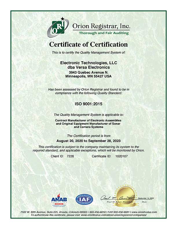 Versa Electronics ISO 9001-2015
